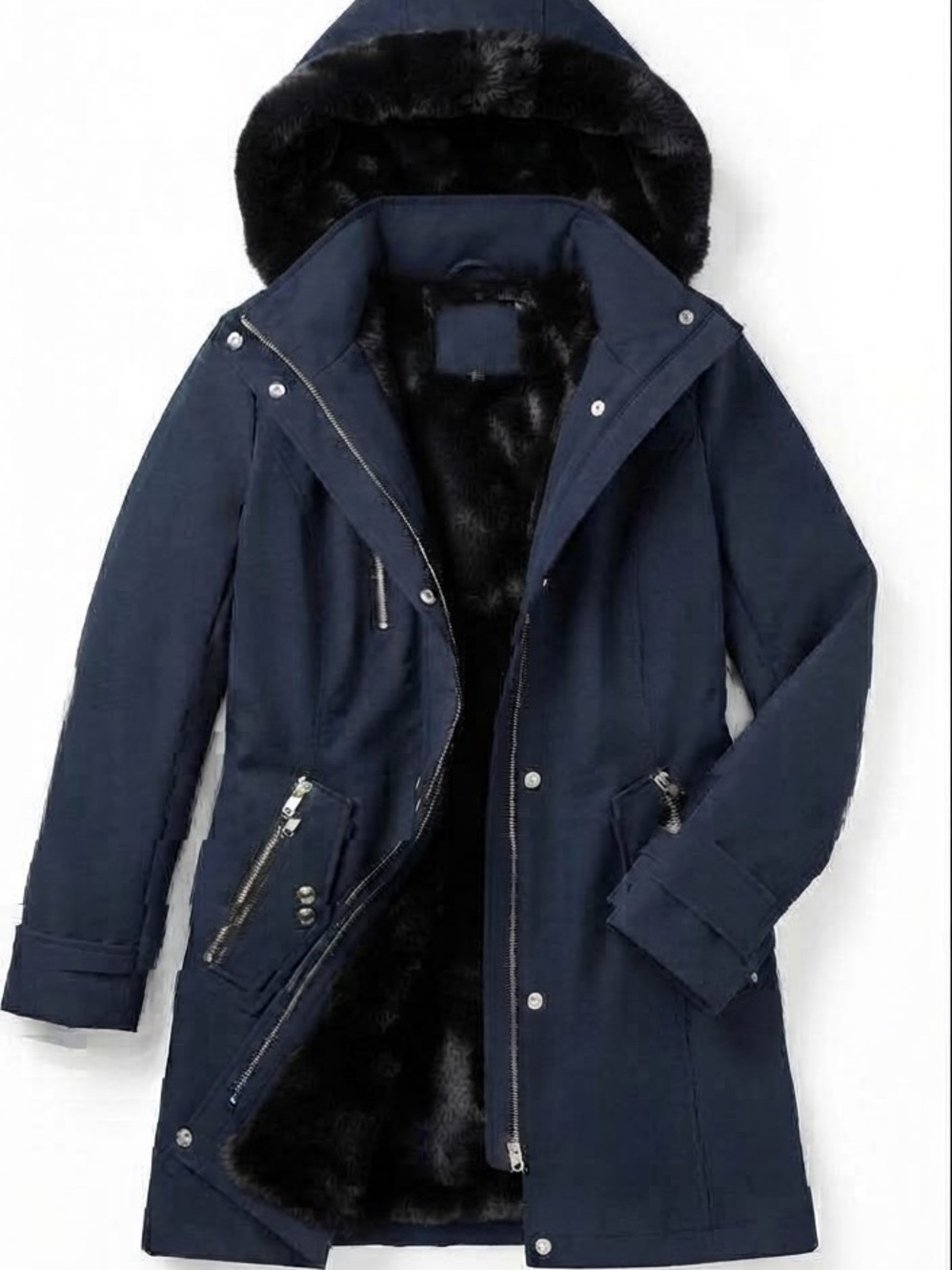 DKNY Women's Navy Blue Warm Fleece-Lined Hooded Utility Coat Jacket Size XS⁠